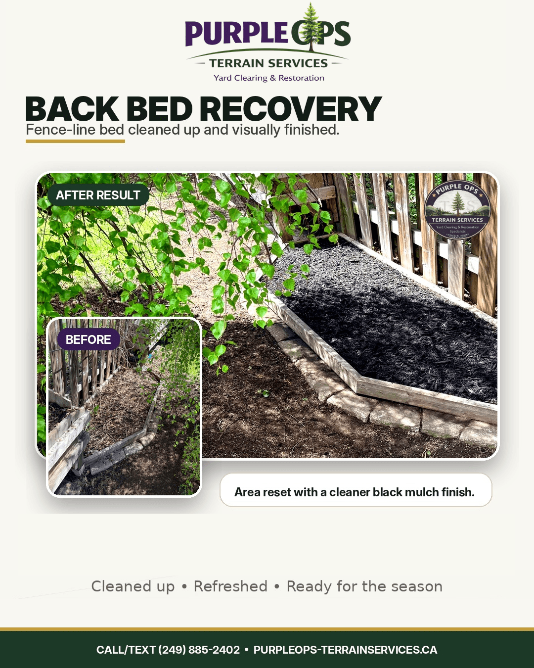 Before and after backyard fence-line bed cleanup with fresh mulch